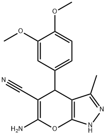 6-amino-4-(3,4-dimethoxyphenyl)-3-methyl-2,4-dihydropyrano[2,3-c]pyrazole-5-carbonitrile 结构式