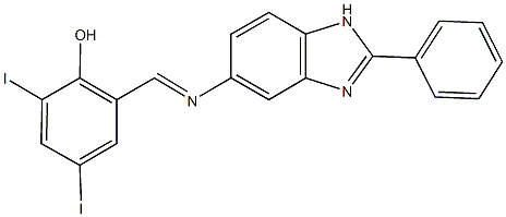 2,4-diiodo-6-{[(2-phenyl-1H-benzimidazol-5-yl)imino]methyl}phenol Struktur
