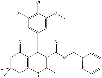 phenylmethyl 4-[3-bromo-4-hydroxy-5-(methyloxy)phenyl]-2,7,7-trimethyl-5-oxo-1,4,5,6,7,8-hexahydroquinoline-3-carboxylate 化学構造式