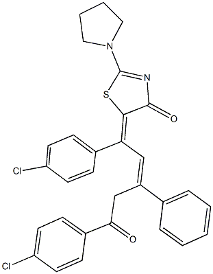 5-[1,5-bis(4-chlorophenyl)-5-oxo-3-phenyl-2-pentenylidene]-2-(1-pyrrolidinyl)-1,3-thiazol-4(5H)-one Structure