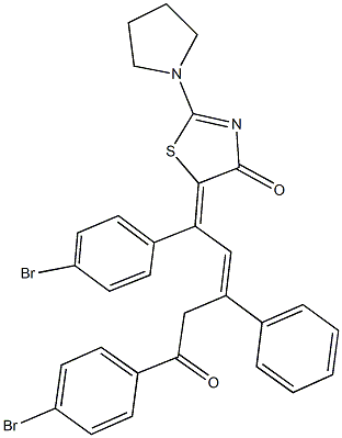 5-[1,5-bis(4-bromophenyl)-5-oxo-3-phenyl-2-pentenylidene]-2-(1-pyrrolidinyl)-1,3-thiazol-4(5H)-one Structure