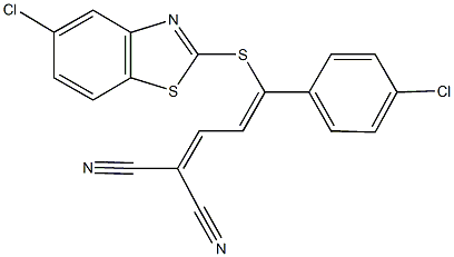 2-[3-[(5-chloro-1,3-benzothiazol-2-yl)sulfanyl]-3-(4-chlorophenyl)-2-propenylidene]malononitrile Struktur