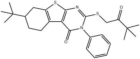 7-tert-butyl-2-[(3,3-dimethyl-2-oxobutyl)sulfanyl]-3-phenyl-5,6,7,8-tetrahydro[1]benzothieno[2,3-d]pyrimidin-4(3H)-one 化学構造式