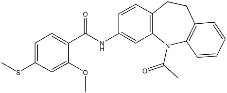 N-(5-acetyl-10,11-dihydro-5H-dibenzo[b,f]azepin-3-yl)-2-methoxy-4-(methylsulfanyl)benzamide Struktur