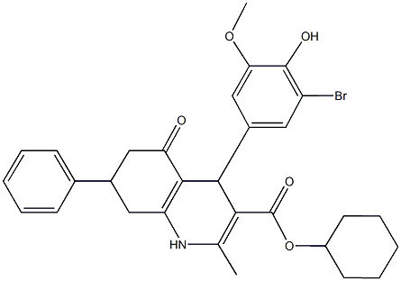 cyclohexyl 4-(3-bromo-4-hydroxy-5-methoxyphenyl)-2-methyl-5-oxo-7-phenyl-1,4,5,6,7,8-hexahydro-3-quinolinecarboxylate,299944-95-9,结构式