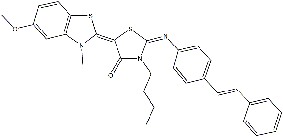 3-butyl-5-(5-methoxy-3-methyl-1,3-benzothiazol-2(3H)-ylidene)-2-{[4-(2-phenylvinyl)phenyl]imino}-1,3-thiazolidin-4-one,300361-16-4,结构式