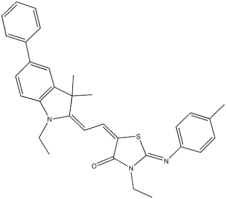 3-ethyl-5-[2-(1-ethyl-3,3-dimethyl-5-phenyl-1,3-dihydro-2H-indol-2-ylidene)ethylidene]-2-[(4-methylphenyl)imino]-1,3-thiazolidin-4-one Struktur