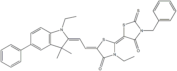 3'-benzyl-3-ethyl-5-[2-(1-ethyl-3,3-dimethyl-5-phenyl-1,3-dihydro-2H-indol-2-ylidene)ethylidene]-2'-thioxo-2,5'-bis(4-oxo-1,3-thiazolidin-2-ylidene) Struktur