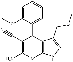 6-amino-3-(methoxymethyl)-4-(2-methoxyphenyl)-1,4-dihydropyrano[2,3-c]pyrazole-5-carbonitrile Struktur