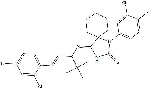 4-{[1-tert-butyl-3-(2,4-dichlorophenyl)-2-propenyl]imino}-1-(3-chloro-4-methylphenyl)-1,3-diazaspiro[4.5]decane-2-thione 结构式