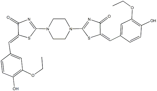 5-(3-ethoxy-4-hydroxybenzylidene)-2-{4-[5-(3-ethoxy-4-hydroxybenzylidene)-4-oxo-4,5-dihydro-1,3-thiazol-2-yl]-1-piperazinyl}-1,3-thiazol-4(5H)-one Struktur