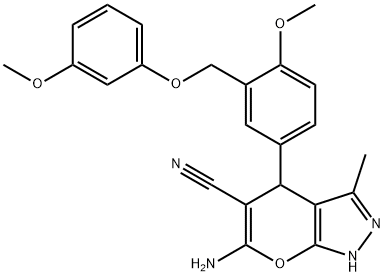 6-amino-4-{4-methoxy-3-[(3-methoxyphenoxy)methyl]phenyl}-3-methyl-1,4-dihydropyrano[2,3-c]pyrazole-5-carbonitrile 化学構造式