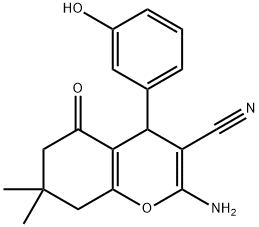 2-amino-4-(3-hydroxyphenyl)-7,7-dimethyl-5-oxo-5,6,7,8-tetrahydro-4H-chromene-3-carbonitrile Struktur