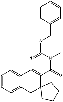 2-(benzylsulfanyl)-3-methyl-5,6-dihydrospiro(benzo[h]quinazoline-5,1'-cyclopentane)-4(3H)-one Struktur