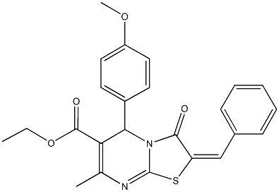 ethyl 2-benzylidene-5-(4-methoxyphenyl)-7-methyl-3-oxo-2,3-dihydro-5H-[1,3]thiazolo[3,2-a]pyrimidine-6-carboxylate 化学構造式