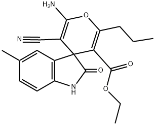 ethyl 6-amino-5-cyano-1',3'-dihydro-5'-methyl-2'-oxo-2-propylspiro[4H-pyran-4,3'-(2'H)-indole]-3-carboxylate 结构式