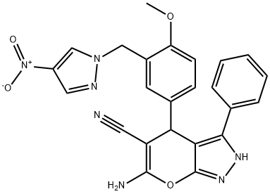 6-amino-4-[3-({4-nitro-1H-pyrazol-1-yl}methyl)-4-methoxyphenyl]-3-phenyl-1,4-dihydropyrano[2,3-c]pyrazole-5-carbonitrile 结构式