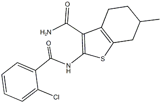 2-[(2-chlorobenzoyl)amino]-6-methyl-4,5,6,7-tetrahydro-1-benzothiophene-3-carboxamide 化学構造式