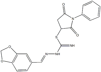 2,5-dioxo-1-phenyl-3-pyrrolidinyl 2-(1,3-benzodioxol-5-ylmethylene)hydrazinecarbimidothioate 化学構造式