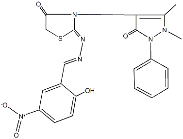 2-hydroxy-5-nitrobenzaldehyde [3-(1,5-dimethyl-3-oxo-2-phenyl-2,3-dihydro-1H-pyrazol-4-yl)-4-oxo-1,3-thiazolidin-2-ylidene]hydrazone 化学構造式