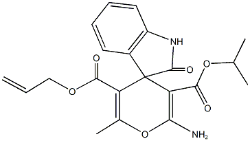 5'-allyl 3'-isopropyl 2'-amino-1,3-dihydro-6'-methyl-2-oxospiro[2H-indole-3,4'-(4'H)-pyran]-3',5'-dicarboxylate Struktur
