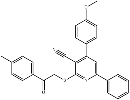 4-(4-methoxyphenyl)-2-{[2-(4-methylphenyl)-2-oxoethyl]sulfanyl}-6-phenylnicotinonitrile 化学構造式