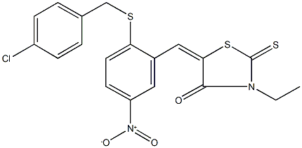 5-{2-[(4-chlorobenzyl)sulfanyl]-5-nitrobenzylidene}-3-ethyl-2-thioxo-1,3-thiazolidin-4-one 结构式