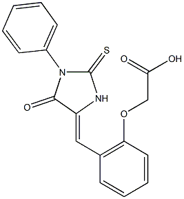 {2-[(5-oxo-1-phenyl-2-thioxo-4-imidazolidinylidene)methyl]phenoxy}acetic acid 化学構造式