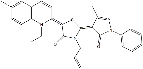 3-allyl-5-(1-ethyl-6-methyl-2(1H)-quinolinylidene)-2-(3-methyl-5-oxo-1-phenyl-1,5-dihydro-4H-pyrazol-4-ylidene)-1,3-thiazolidin-4-one Structure