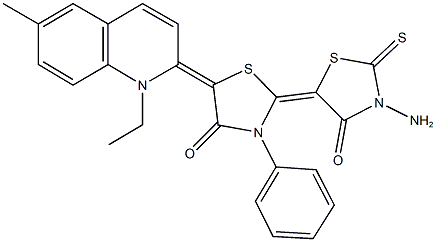 3'-amino-5-(1-ethyl-6-methyl-2(1H)-quinolinylidene)-3-phenyl-2'-thioxo-2,5'-bis[1,3-thiazolidin-2-ylidene]-4,4'-dione 结构式