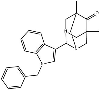 2-(1-benzyl-1H-indol-3-yl)-5,7-dimethyl-1,3-diazatricyclo[3.3.1.1~3,7~]decan-6-one Struktur