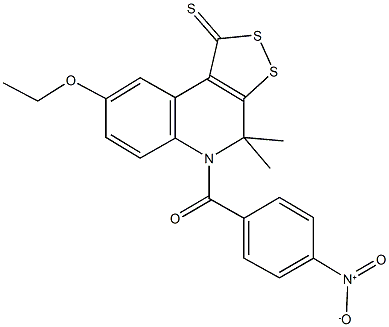 8-ethoxy-5-{4-nitrobenzoyl}-4,4-dimethyl-4,5-dihydro-1H-[1,2]dithiolo[3,4-c]quinoline-1-thione 化学構造式