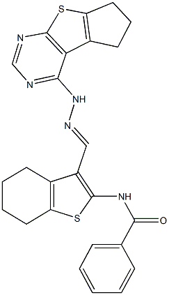 N-{3-[2-(6,7-dihydro-5H-cyclopenta[4,5]thieno[2,3-d]pyrimidin-4-yl)carbohydrazonoyl]-4,5,6,7-tetrahydro-1-benzothien-2-yl}benzamide Struktur