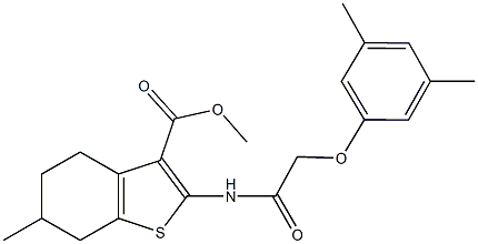 methyl 2-{[(3,5-dimethylphenoxy)acetyl]amino}-6-methyl-4,5,6,7-tetrahydro-1-benzothiophene-3-carboxylate 化学構造式