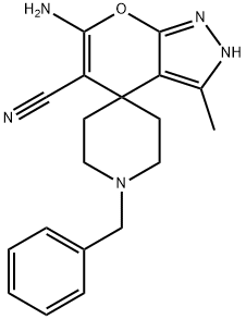 6-amino-1'-benzyl-5-cyano-1,4-dihydro-3-methyl-spiro[pyrano[2,3-c]pyrazole-4,4'-piperidine] 化学構造式