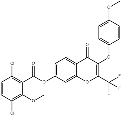 3-(4-methoxyphenoxy)-4-oxo-2-(trifluoromethyl)-4H-chromen-7-yl 3,6-dichloro-2-methoxybenzoate 化学構造式