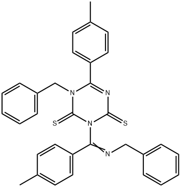 1-benzyl-3-[(benzylimino)(4-methylphenyl)methyl]-6-(4-methylphenyl)-1,3,5-triazine-2,4(1H,3H)-dithione Struktur