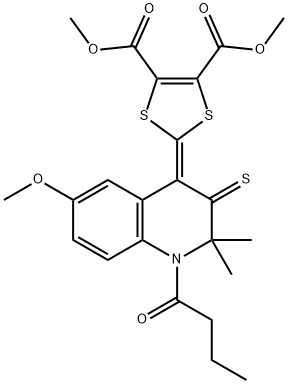 dimethyl 2-(1-butyryl-6-methoxy-2,2-dimethyl-3-thioxo-2,3-dihydro-4(1H)-quinolinylidene)-1,3-dithiole-4,5-dicarboxylate 化学構造式