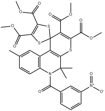 tetramethyl 5',5',9'-trimethyl-6'-(3-nitrobenzoyl)-5',6'-dihydrospiro[1,3-dithiole-2,1'-(1'H)-thiopyrano[2,3-c]quinoline]-2',3',4,5-tetracarboxylate,303051-64-1,结构式