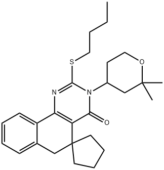 2-(butylsulfanyl)-3-(2,2-dimethyltetrahydro-2H-pyran-4-yl)-5,6-dihydro-4(3H)-oxospiro(benzo[h]quinazoline-5,1'-cyclopentane),303088-77-9,结构式