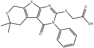 [(6,6-dimethyl-4-oxo-3-phenyl-3,5,6,8-tetrahydro-4H-pyrano[4',3':4,5]thieno[2,3-d]pyrimidin-2-yl)sulfanyl]acetic acid,303089-14-7,结构式