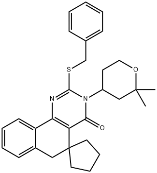 3-(2,2-dimethyltetrahydro-2H-pyran-4-yl)-2-[(phenylmethyl)sulfanyl]-5,6-dihydro-4(3H)-oxospiro(benzo[h]quinazoline-5,1'-cyclopentane),303115-20-0,结构式