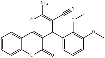 2-amino-4-(2,3-dimethoxyphenyl)-5-oxo-4H,5H-pyrano[3,2-c]chromene-3-carbonitrile Struktur