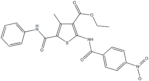 ethyl 5-(anilinocarbonyl)-2-({4-nitrobenzoyl}amino)-4-methyl-3-thiophenecarboxylate 化学構造式