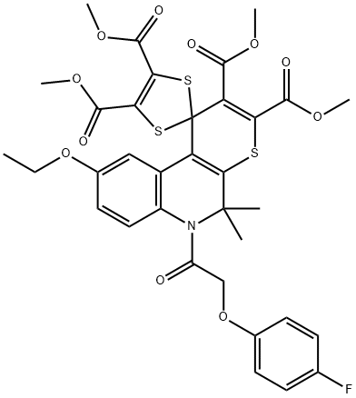 tetramethyl 9'-ethoxy-6'-[(4-fluorophenoxy)acetyl]-5',5'-dimethyl-5',6'-dihydrospiro[1,3-dithiole-2,1'-(1'H)-thiopyrano[2,3-c]quinoline]-2',3',4,5-tetracarboxylate 结构式