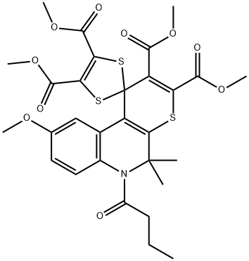tetramethyl 6-butanoyl-5,5-dimethyl-9-(methyloxy)-5,6-dihydrospiro(1H-thiopyrano[2,3-c]quinoline-1,2'-[1,3]-dithiole)-2,3,4',5'-tetracarboxylate,303180-00-9,结构式