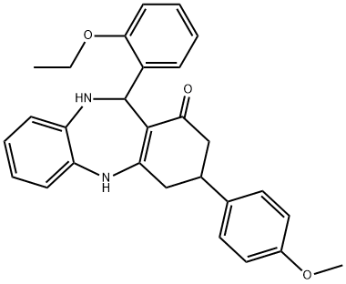 11-(2-ethoxyphenyl)-3-(4-methoxyphenyl)-2,3,4,5,10,11-hexahydro-1H-dibenzo[b,e][1,4]diazepin-1-one Struktur