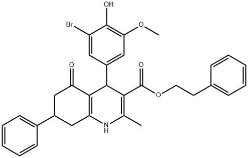 2-phenylethyl 4-(3-bromo-4-hydroxy-5-methoxyphenyl)-2-methyl-5-oxo-7-phenyl-1,4,5,6,7,8-hexahydro-3-quinolinecarboxylate 结构式
