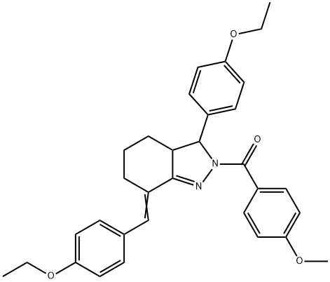 7-(4-ethoxybenzylidene)-3-(4-ethoxyphenyl)-2-(4-methoxybenzoyl)-3,3a,4,5,6,7-hexahydro-2H-indazole 化学構造式