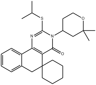 3-(2,2-dimethyltetrahydro-2H-pyran-4-yl)-2-(isopropylsulfanyl)-5,6-dihydrospiro(benzo[h]quinazoline-5,1'-cyclohexane)-4(3H)-one 化学構造式